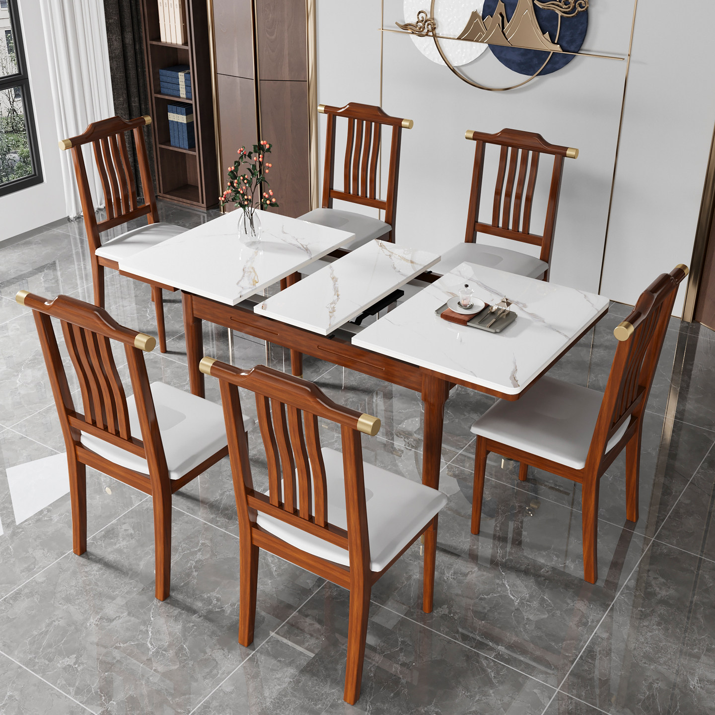 新中式岩板伸缩餐桌小户型折叠餐桌椅组合多功能实木长方形饭桌子,淘宝优惠券,粉丝福利购,淘宝优惠卷