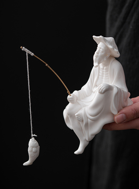 陶瓷姜太公钓鱼翁摆件新中式客厅