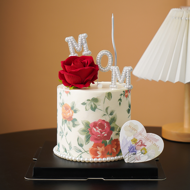 母亲节欧式复古围边蛋糕装饰珍珠MOM插件妈妈节日快乐印花插牌 - 图1