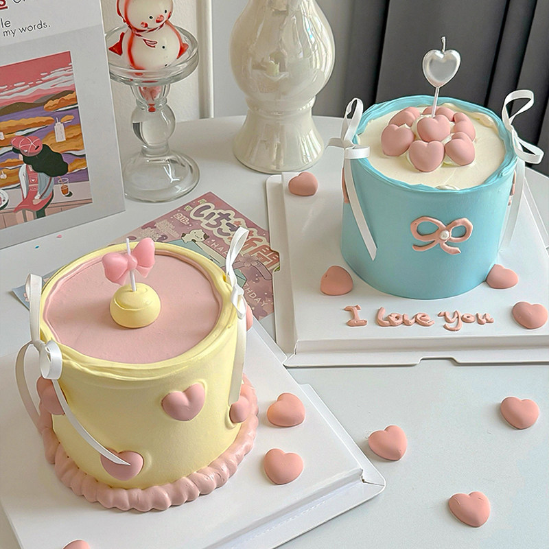 可爱软萌七夕情人节蛋糕情侣表白手绘翻糖爱心甜点蝴蝶结心形蜡烛