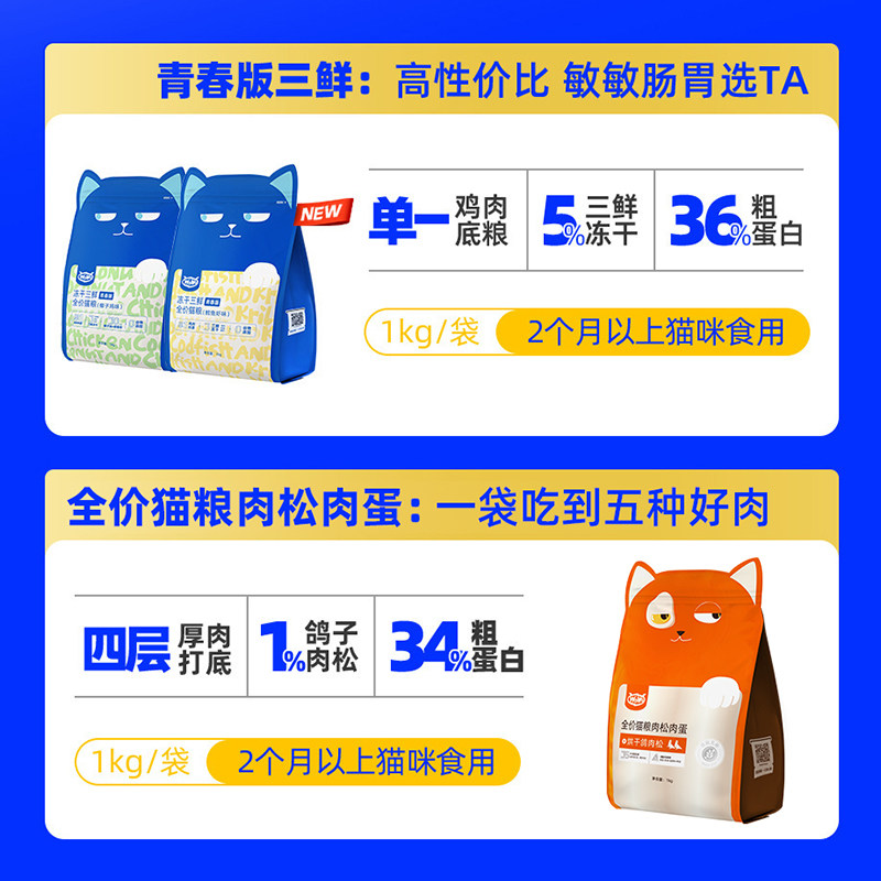 WoWo猫粮试吃装喔喔冻干经典三鲜鸽子肉松兔肉松幼猫猫粮鳕鱼虾,淘宝优惠券,粉丝福利购,淘宝优惠卷