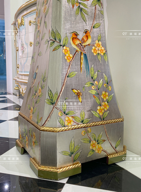 琪瑶家居法式奢华金银箔手绘花鸟装饰花架欧式客厅落地花几