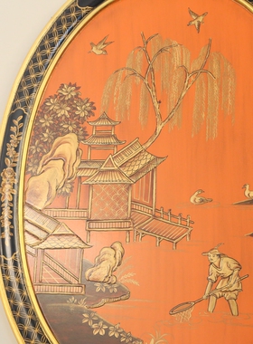 中式风奢华彩绘椭圆形金箔木版画