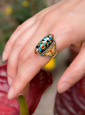 高档箴言松石转动九眼珠纯银戒指