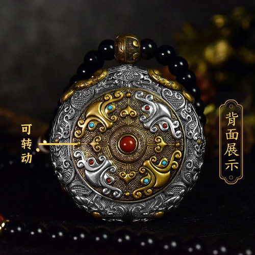 高档手绘黑金唐卡饕餮吊坠纯银本命佛黄财神绿度母沉香蜜蜡黑曜链 - 图0