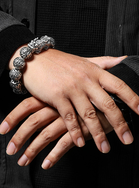 国潮手工貔貅箴言纯银手链男佛珠