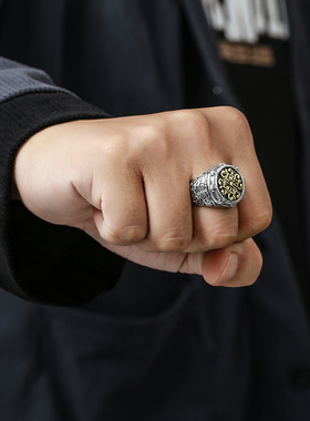 男纯银欧美复古巴洛克唐草纹戒指