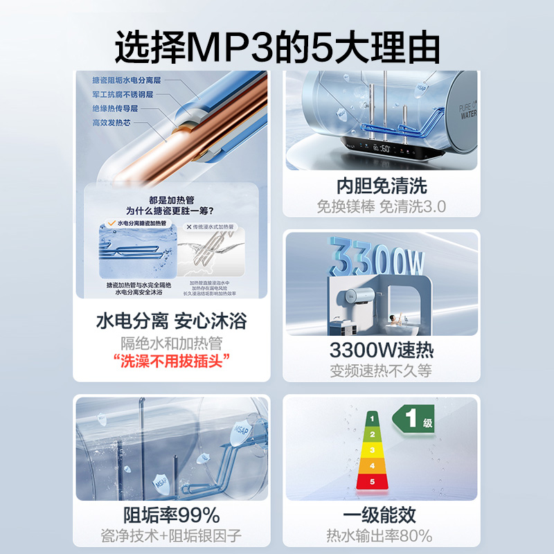 【618抢先购】美的电热水器MP3家用洗澡水电分离节能变频60升80L