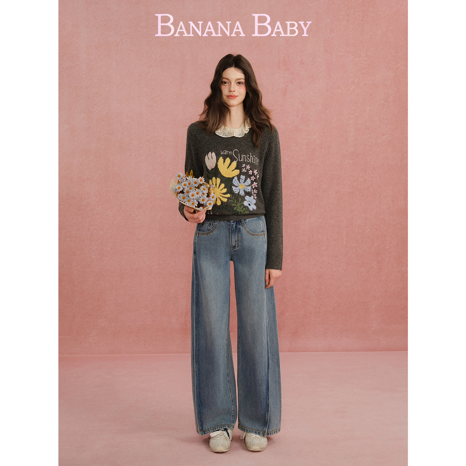 BANANA BABY2026年春新款复古高腰显瘦镰刀牛仔裤直筒设计感长裤