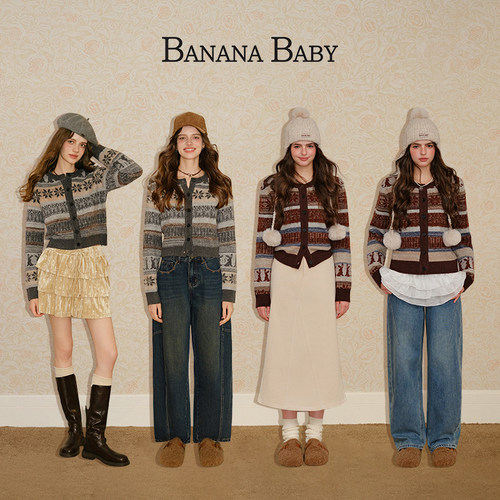 【绵羊毛】BANANA BABY2025年冬季新款费尔岛针织开衫女软糯毛衣 - 图0