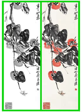 柿子瓜果写意画白描国画花鸟底稿