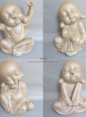 粗陶小沙弥摆件弹琴人物雕塑