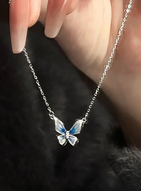 渐变蓝蝴蝶项链女ins小众锁骨链