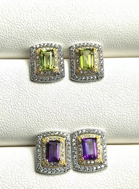新款 925银镀双色金天然橄榄石/紫晶耳钉 晶体干净透亮 返火超赞