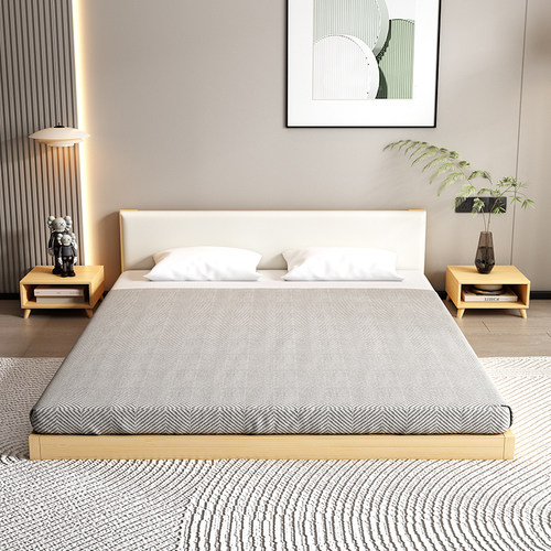 榻榻米双人实木床简约软包床民宿酒店床主卧落地床日式地台床矮床 - 图0