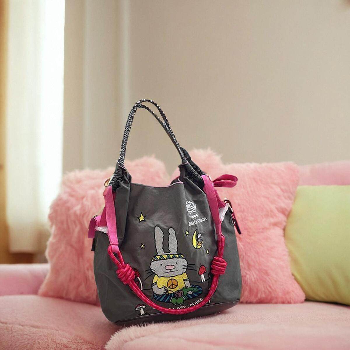 日本代购ball chain发带兔刺绣购物袋百搭环保袋女旅游斜跨单肩包,淘宝优惠券,粉丝福利购,淘宝优惠卷