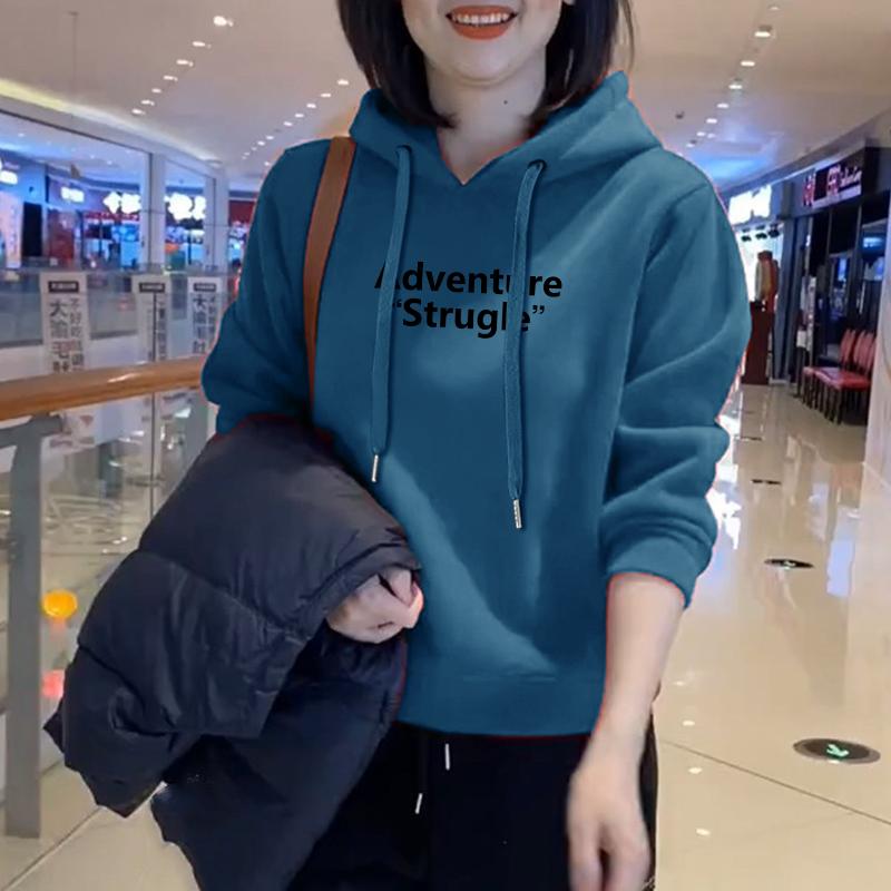 女士宽松休闲秋冬新款连帽卫衣时尚加绒加厚洋气大码百搭上衣外套 - 图3