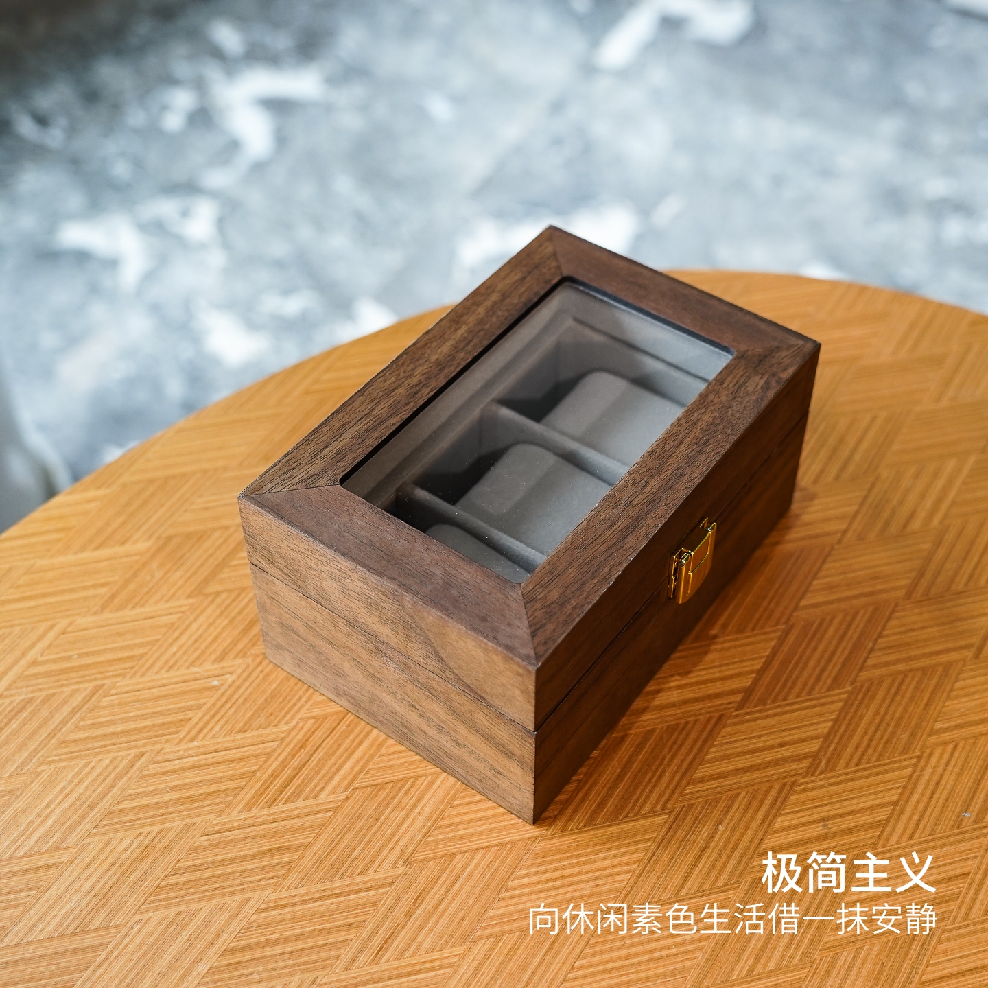 手表收纳盒 3位黑胡桃木纹灰色绒布腕表收藏展示盒防氧化带盖防尘 - 图0