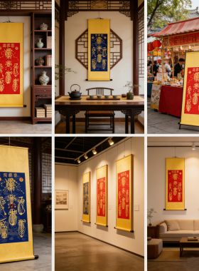 手绘卷轴挂画道家玄关客厅艺术装饰画五雷五财
