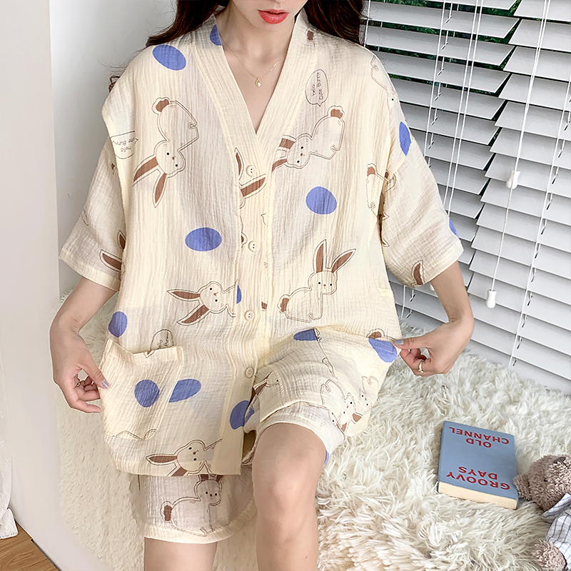 新款夏季纯棉短袖纱布月子服双层孕妇睡衣哺乳套装产后薄款