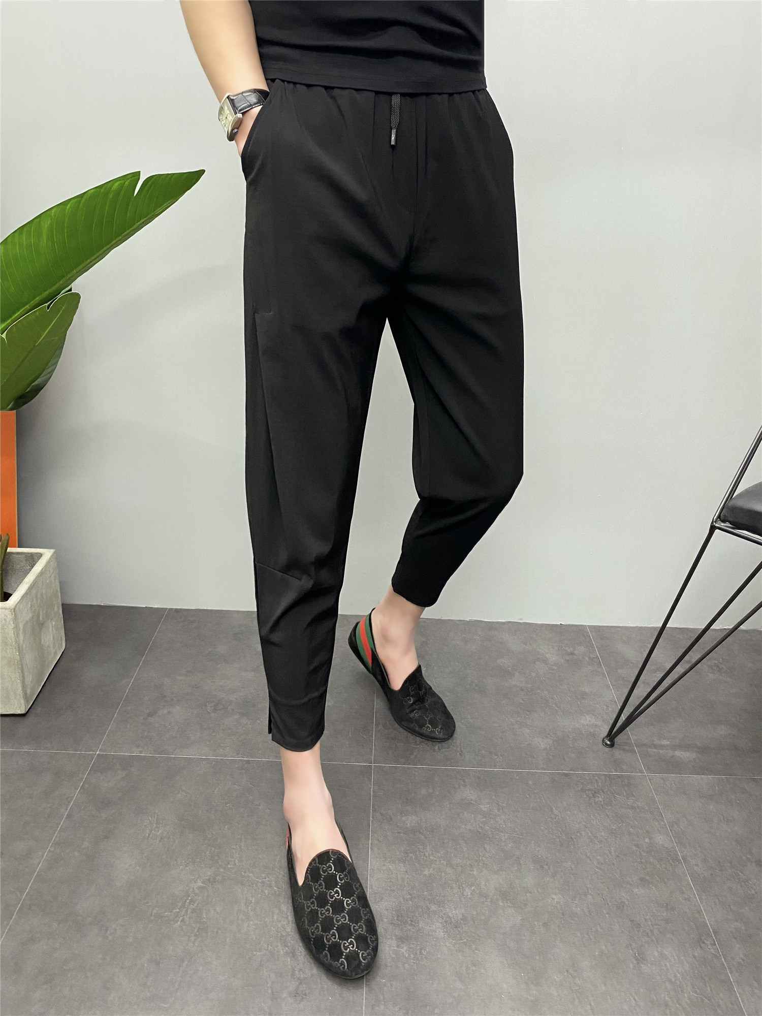 夏季薄款冰丝裤子男九分裤脚开叉纯色净版小脚哈伦裤宽松休闲裤潮,淘宝优惠券,粉丝福利购,淘宝优惠卷