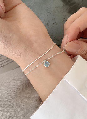 猫蛰S925纯银天然海蓝宝双层手链
