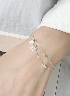 猫蛰S925银双层镶钻花朵手链