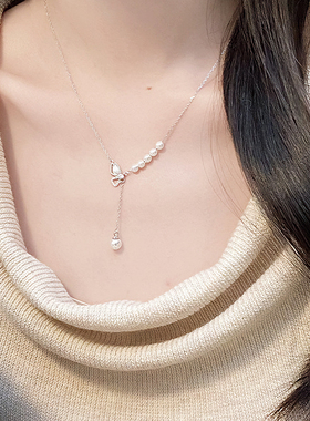 猫蛰S925纯银蝴蝶贝壳流苏项链