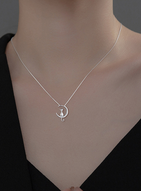 猫蛰女生月亮可爱猫咪纯银项链