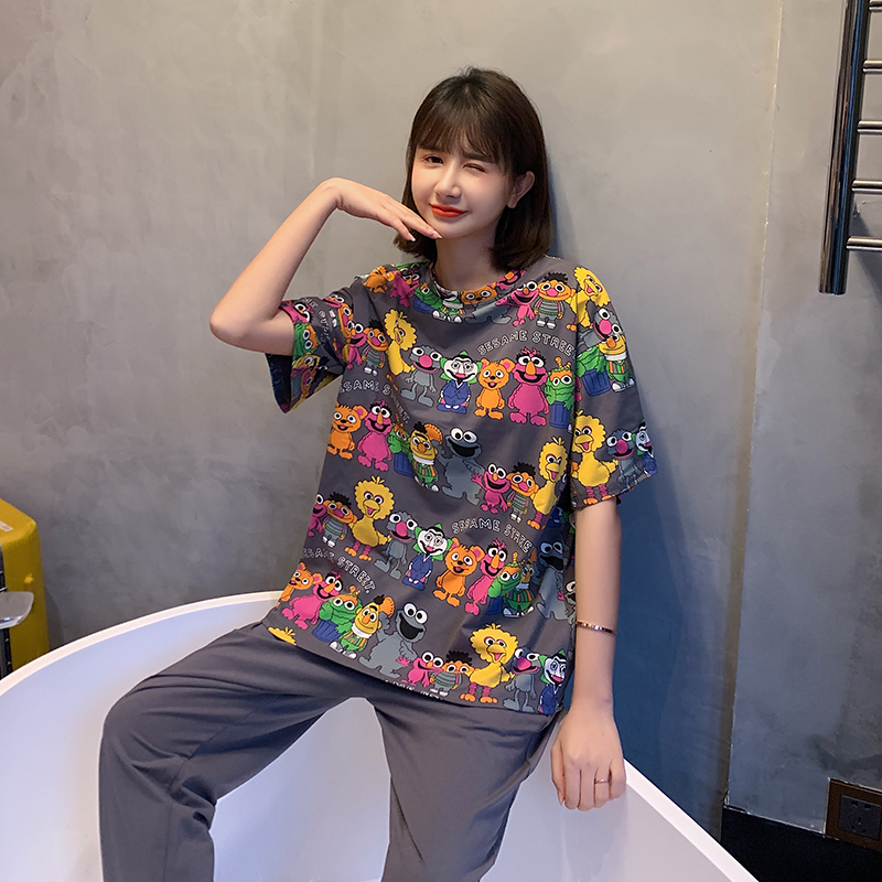 蘑菇睡衣小铺MOGO芝麻街卡通睡衣女春秋季纯棉甜美可爱家居服短袖长裤套装夏季韩版1