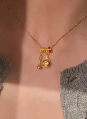古法金沙金珐琅木鱼福袋盘缠项链 女路路通双吊坠流苏锁骨链