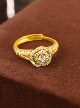 古法沙金镶钻玫瑰花戒指仿黄金百搭指环手工镶嵌锆石花朵镀金饰品