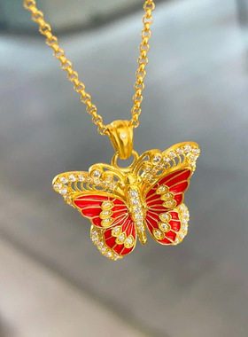 金臻沙金钻石花丝红翅蝴蝶吊坠胸针项链两用珐琅福蝶锁骨链饰品