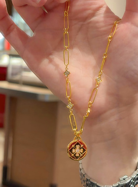 小红书网红款老钱风珐琅彩四叶草万相花项链戒指耳钉手镯沙金套装