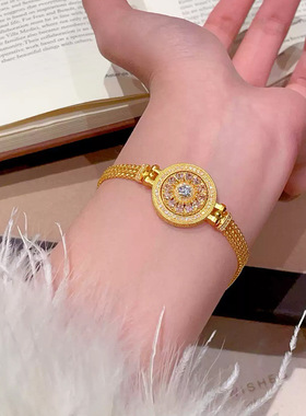 沙金轻奢镶钻可转动粉锆石罗盘手表手链女金色时尚小表盘小众设计