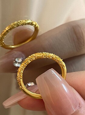 沙金素圈紫荆花戒指仿黄金新中式中指戒宫廷雕花指环港风尾戒饰品