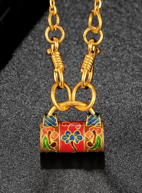 保色古法沙金黄金色繁花似锦小锁包吊坠莲花平安锁烧蓝项链手链女