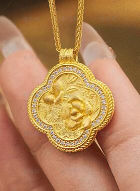 沙金十二花神海棠花项链吊坠黄金色云锦点钻挂饰女生日送礼物首饰