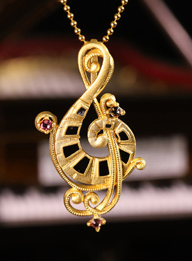 钢琴音符吊坠沙金高音音符项链挂坠微镶宝石仿黄金色项饰品送礼