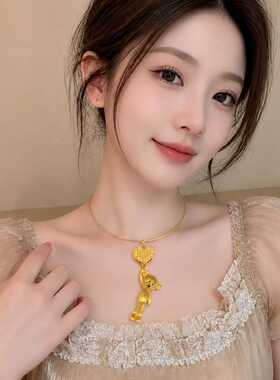 真金电镀沙金小熊玩偶项链镶钻吊坠告白爱心珠链配饰挂坠锁骨链女