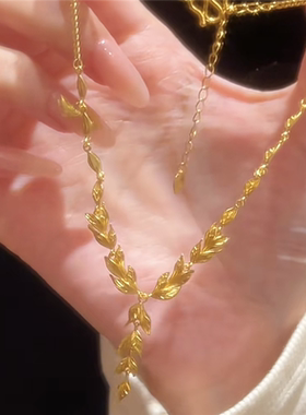 錾刻纹理金枝玉叶麦穗项链女