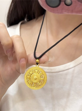 古法传承镂空福字八宝罗盘吊坠女项链沙金八瑞吉祥圆牌挂坠毛衣链