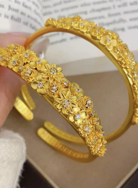 古法沙金点钻繁花似锦手镯女