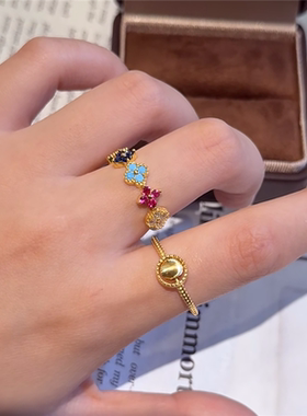 复古彩宝莫奈花园四叶草戒指女