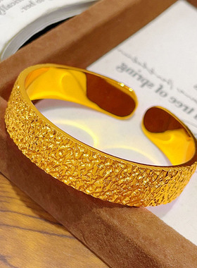 高货版~沙金999宽面手工锤纹手镯实心亮面纸醉金迷开口镯子精致女