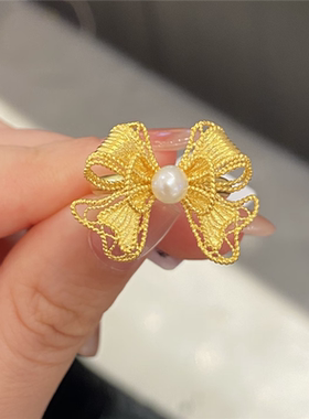 蕾丝珍珠蝴蝶结戒指女仿真黄金