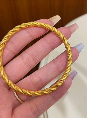 古法沙金扭纹麻花手镯女中古风999金色时尚闭口素圈手饰百搭手环