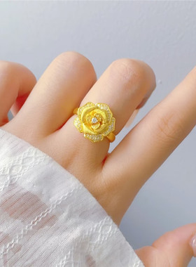 古法沙金镶嵌点钻玫瑰花项链女999黄金色百搭高级锁骨链保色戒指
