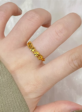 999黄金色四叶草戒指女幸运草古法素圈开口可调节指环38妇女神节