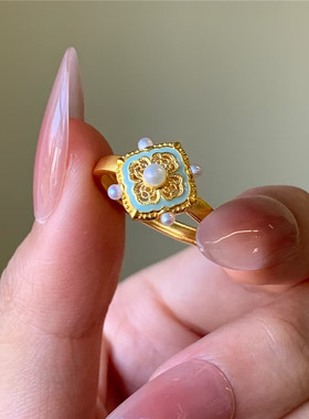 沙金花丝珐琅宋韵四合如意珍珠戒指女999黄金色高级开口戒子指环